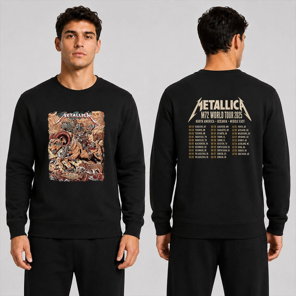 Metallica M72 World Tour June 29 2025 Empower Field At Mile High Denver Colorado United States 2 side T-shirt by Juan Ma Orozco featuring a skull-faced warrior riding a horned beast, wolves, skulls, bones, rocky mountains and M72 tour back print.